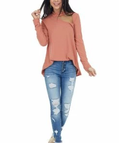 Fantastic Fawn Terracotta Long Sleeve Stretchy Knit Top With Cut Out Detail Tops