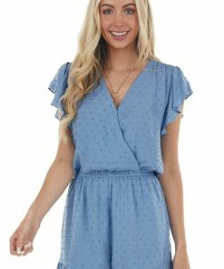 Umgee Slate Blue Surplice Neck Swiss Dot Romper