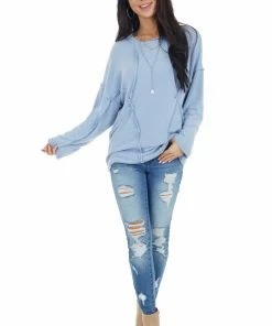BucketList Tops Powder Blue French Terry Knit Top With Raw Edge Details