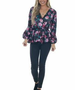 Peach Love Black Floral Print Satin Surplice Top With Tie