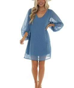 Eesome Dresses Ocean Long Bubble Sleeve Swiss Dot Short Dress