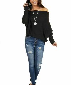 American Chic Black Soft Waffle Knit Off The Shoulder Long Sleeve Top 29 American Chic Black Soft Waffle Knit Off The Shoulder Long Sleeve Top