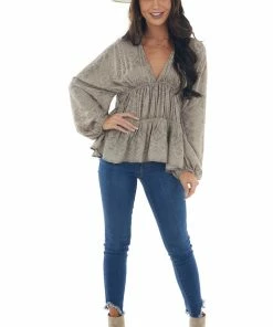 BucketList Taupe Tribal Print Babydoll Bubble Sleeve Top