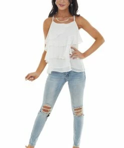 Entro White Thread Printed Sleeveless Ruffle Blouse With Racerback Tops