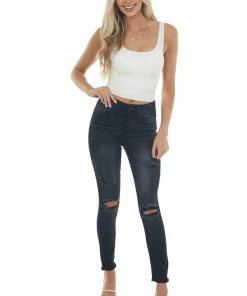 Special A Bottoms Black Mid Rise Distressed Skinny Jeans