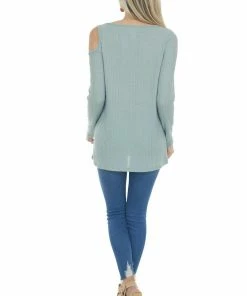 BiBi Seafoam Single Cold Shoulder Waffle Knit Top With Cut Out