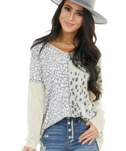 BiBi Tops Sand Waffle Knit Top With Sage Leopard Print Contrast