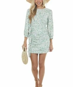 Entro Mint Floral Long Sleeve Ruched Short Dress Dresses