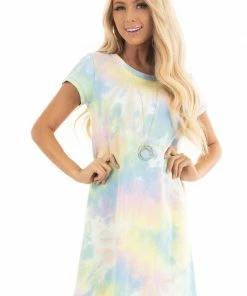 La Vida Periwinkle And Banana Tie Dye Dress With Short Sleeves