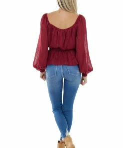 Flying Tomato Wine Stripe Textured Long Sleeve Peplum Blouse