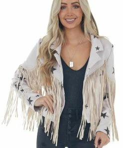 Fantastic Fawn Pastel Mauve And Black Star Faux Suede Jacket