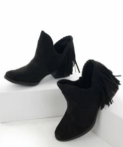 Brand Headquarters Black Plunging Ankle Booties With Fringe Shoes