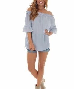 143 Story Powder Blue Off The Shoulder Ruffle Blouse Tops