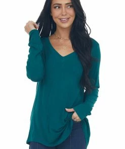 ZENANA Tops Pine Rounded Hem V Neck Soft Knit Top 23 ZENANA Tops Pine Rounded Hem V Neck Soft Knit Top