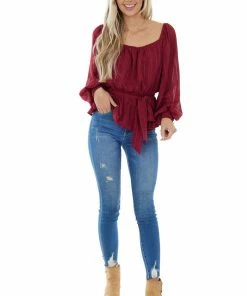 Flying Tomato Wine Stripe Textured Long Sleeve Peplum Blouse