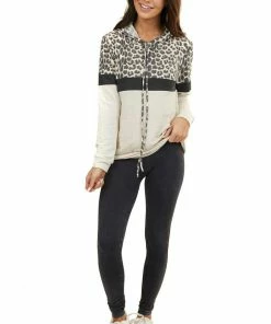 7th Ray Tops Tan Leopard Colorblock Hooded Sweatshirt With Front Pocket