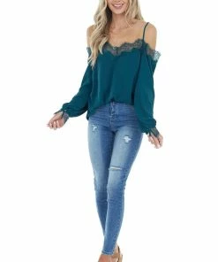 Lime Lush Pine Woven Cold Shoulder Top With Eyelash Lace Details