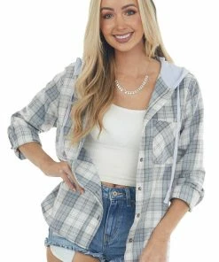 143 Story Powder Blue Plaid Button Up Hoodie Shacket