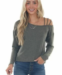 First Love Tops Faded Olive Ribbed Strappy Shoulder Knit Top