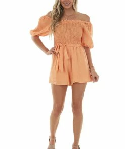 Flying Tomato Melon Textured Romper With Short Puff Sleeves