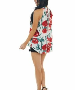 FSL APPAREL Ivory Floral Halter Neck Sleeveless Blouse With Tie Closure Tops