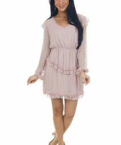 143 Story Dresses Dusty Blush Long Sleeve Ruffle Swiss Dot Dress
