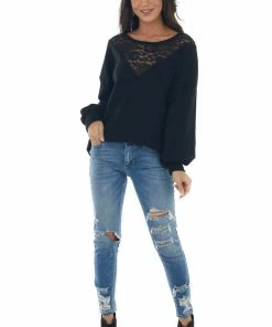 BiBi Tops Black Waffle Knit Long Sleeve Sheer Lace Top