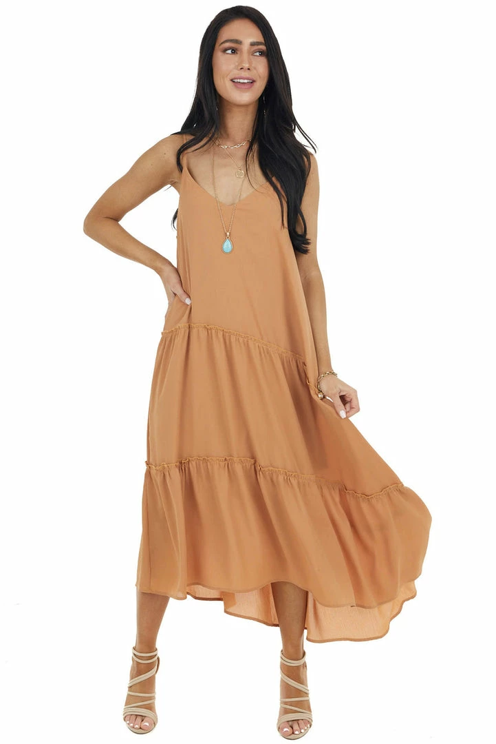 Wishlist Caramel Asymmetrical Spaghetti Strap Tiered Midi Dress Dresses 14 Wishlist Caramel Asymmetrical Spaghetti Strap Tiered Midi Dress Dresses