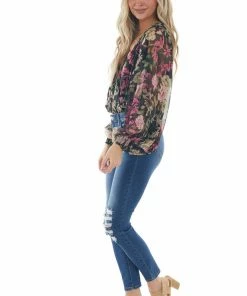 Flying Tomato Tops Black Floral Surplice Bubble Sleeve Bodysuit 27 Flying Tomato Tops Black Floral Surplice Bubble Sleeve Bodysuit