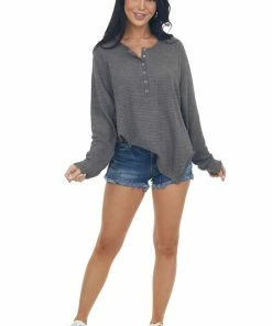 143 Story Tops Charcoal Snap Button Side Slit Waffle Knit Top