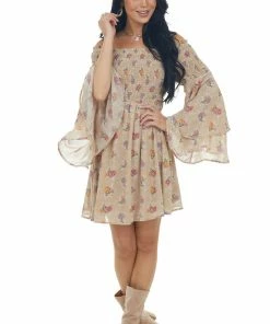 Jodifl Dresses Latte Floral Print Long Sleeve Off The Shoulder Dress