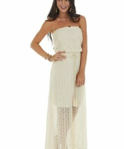 143 Story Champagne Strapless Front Tie Lace Maxi Dress Dresses