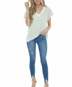 Umgee Sage And Ivory Striped V Neck Waffle Knit Top
