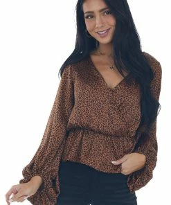 Peach Love Spice Leopard Print Surplice Peplum Blouse Tops