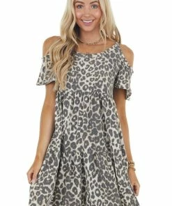 Sweet Lovely Latte Leopard Print Cold Shoulder Short Sleeve Short Dress Dresses