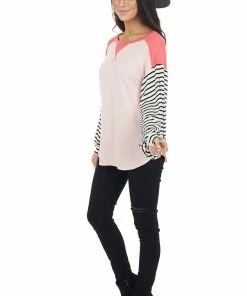 My Story Blush And Coral V Stitch Knit Top With Striped Puff Sleeves Tops