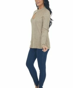 BiBi Tops Heathered Latte Mock Neck Long Sleeve Knit Top