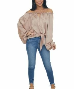 Peach Love Beige Notch Neck Front Tie Loose Satin Blouse