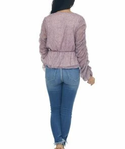 Peach Love Tops Mauve Floral Print Ruched Sleeve Peplum Blouse