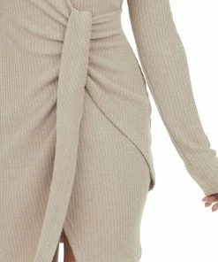 Illa Illa Dresses Oatmeal Long Sleeve Surplice Short Knit Dress