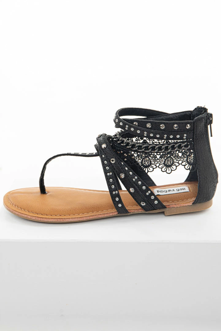 Brand Headquarters Black Strappy Sandals With Lace And Rhinestone Details 5 Brand Headquarters Black Strappy Sandals With Lace And Rhinestone Details