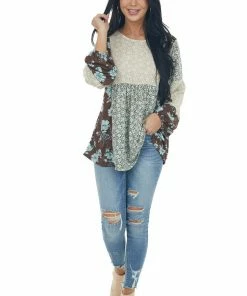 Ces Femme Taupe And Olive Multiprint Long Sleeve Top Tops
