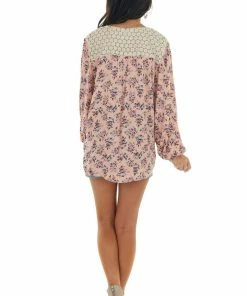 Nostalgia Pale Coral Long Sleeve Floral Front Tie Blouse Tops