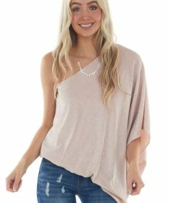 Main Strip Dusty Blush Sparkly Off The Shoulder Asymmetrical Knit Top