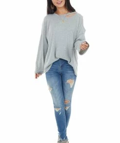 143 Story Heather Grey Waffle Knit Long Sleeve Top With Cold Shoulder Tops
