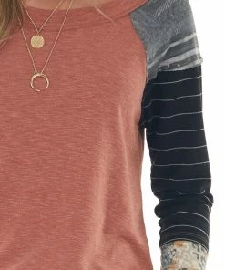 Ces Femme Tops Faded Rust Colorblock Long Raglan Sleeve Top