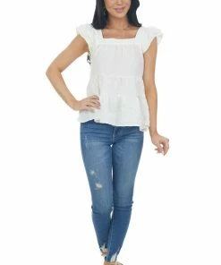 Entro Ivory Square Neck Ruffle Tiered Blouse Tops