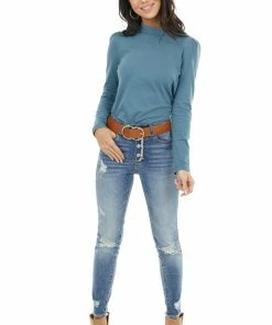 Lime 'N' Chili Teal Mock Neck Top With Long Sleeves And Puffy Shoulders 34 Lime 'N' Chili Teal Mock Neck Top With Long Sleeves And Puffy Shoulders