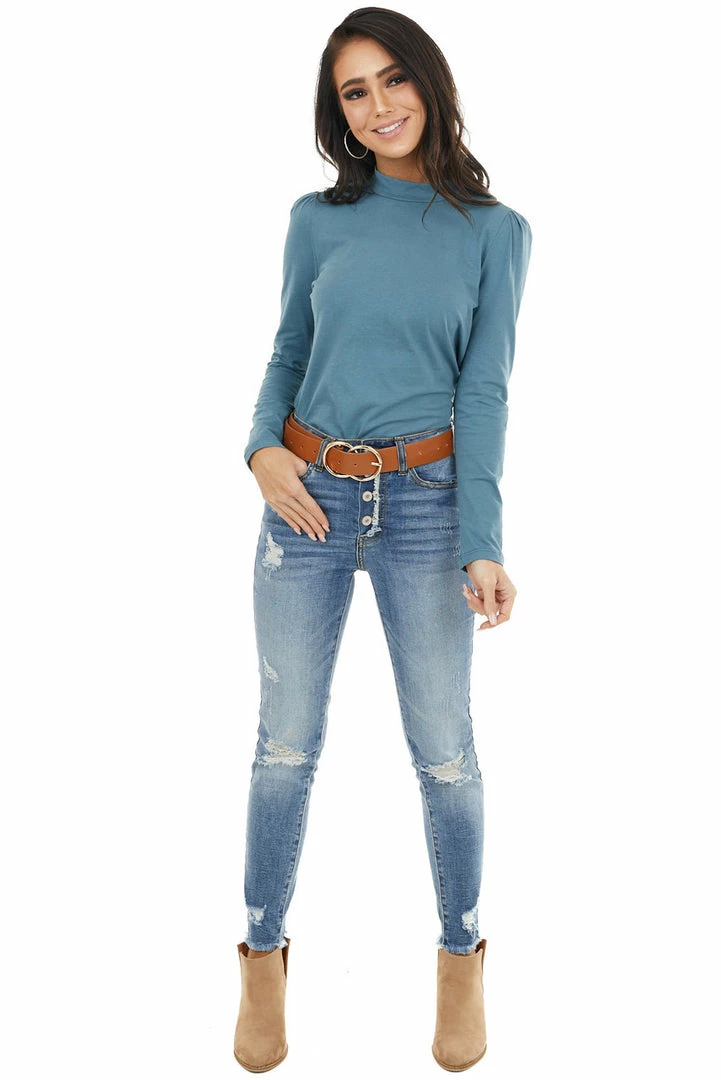 Lime 'N' Chili Teal Mock Neck Top With Long Sleeves And Puffy Shoulders 17 Lime 'N' Chili Teal Mock Neck Top With Long Sleeves And Puffy Shoulders