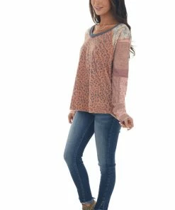 Easel Tops Rust Multiprint Knit Top With Raw Edge Detail